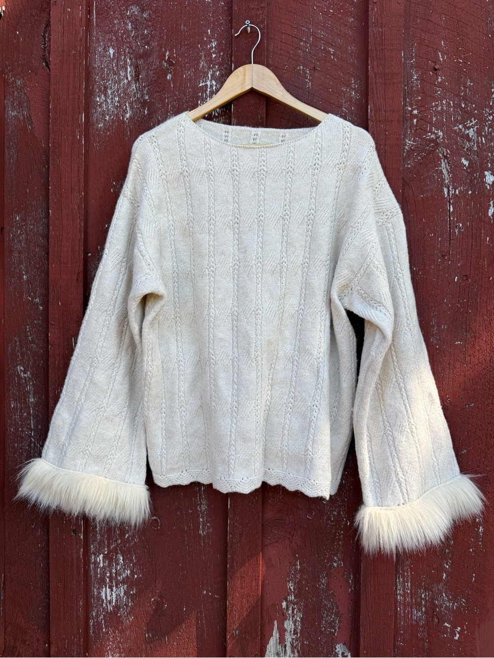 SHEIN Cream Cable Knit Sweater with Faux Fur Cuffs